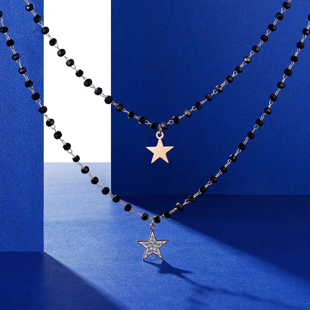 Fashion Double Layer Black Crystal Beads Necklace For Women Stainless Steel Star Choker Necklace Women's Jewelry femme Bijoux