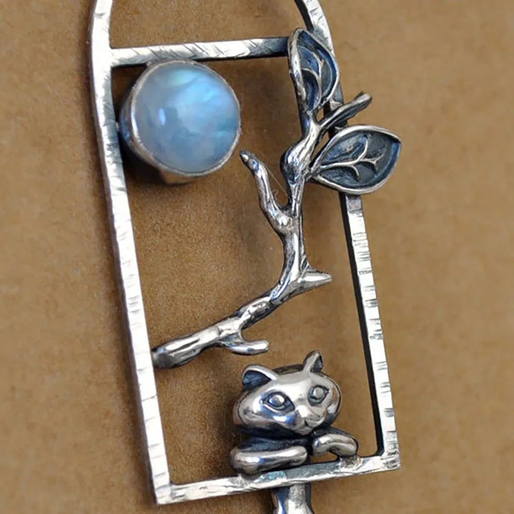 Cute Women Man Neck Pendants Silver Color Window Moonstone Cat Branches Pendant Charms For Making Jewelry Accessories DIY