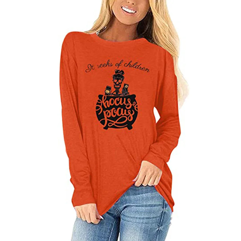 EtherealBe womens Halloween shirt long sleeve in orange with Hocus Pocus graphic design