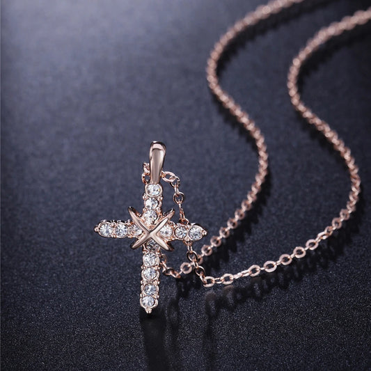N451 N452 Cross Jesus Christ Necklaces Rose Gold Color Fashion Pendant Jewelry Cubic Zirconia Crystal Christmas HotSale