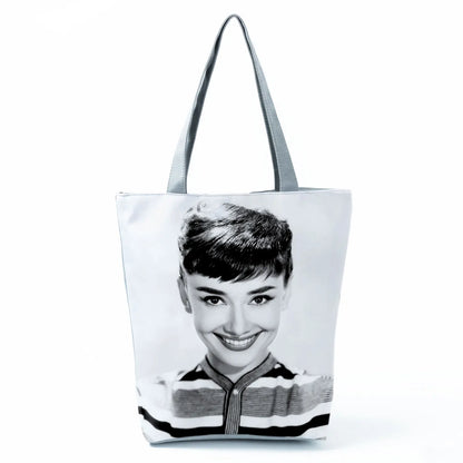 Audrey Hepburn Blowing Bubbles Printed Handbag Classic High Capacity Women Shoulder Bags Portable Eco Reusable Shopping Bags