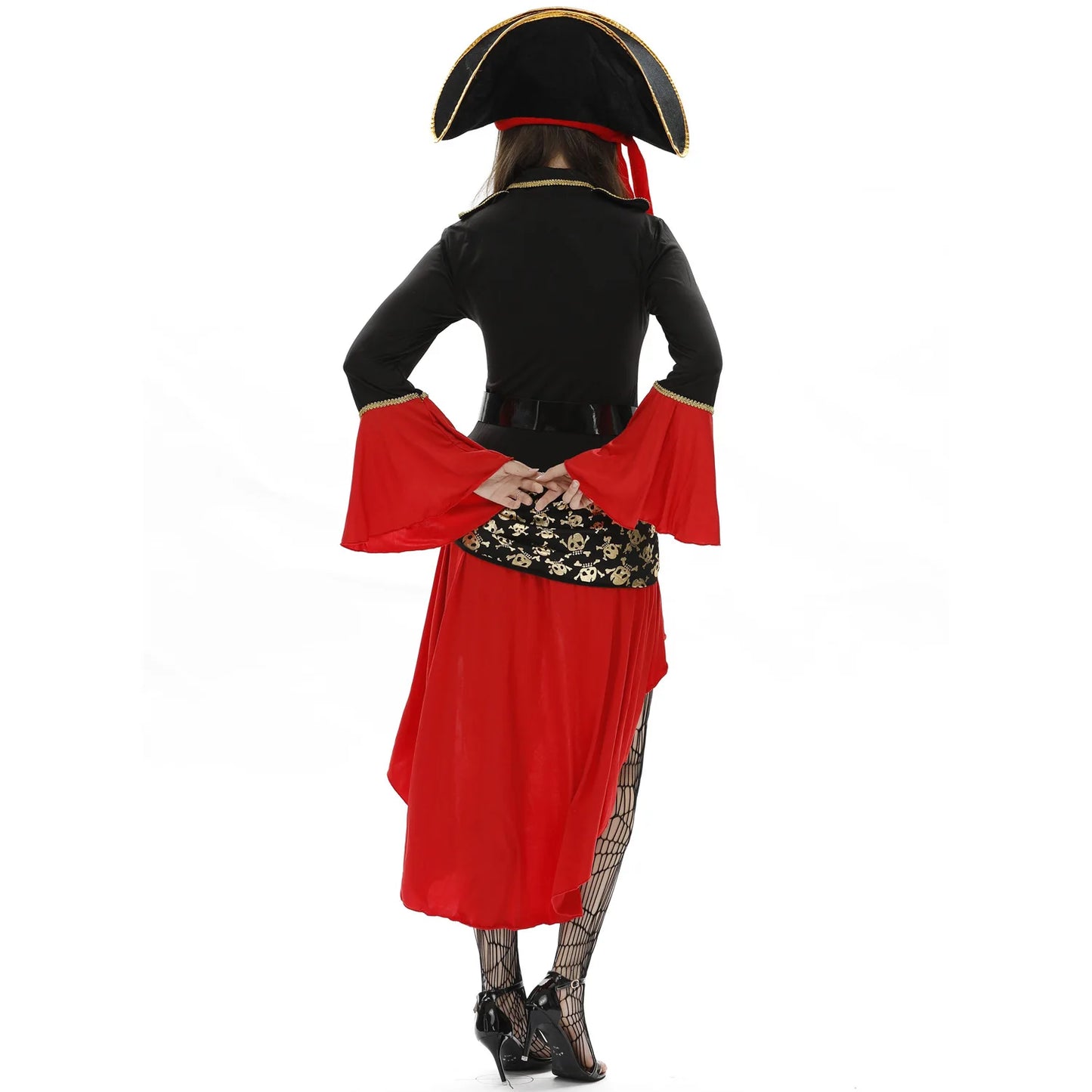 EtherealBe women's pirate costume with black jacket and red flowing skirt, perfect for Halloween