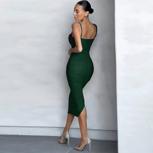New Mesh Draped Midi Bandage Dress Bodycon Women's Summer  Dress Evening Club Outfits
