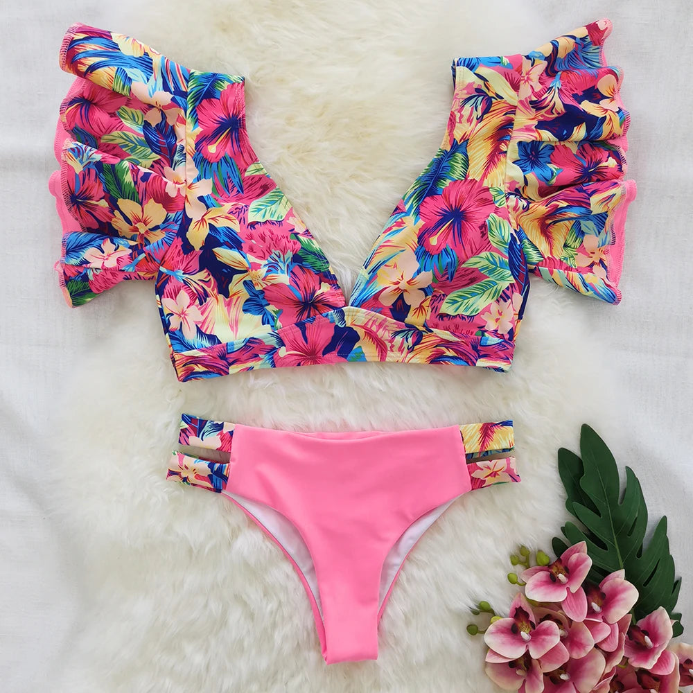 Tropical Style Women Bikini Set Ruffle Floral Printed High Waist Swimwear Summer Flower Swimsuit Biquini Bathing Suit Female