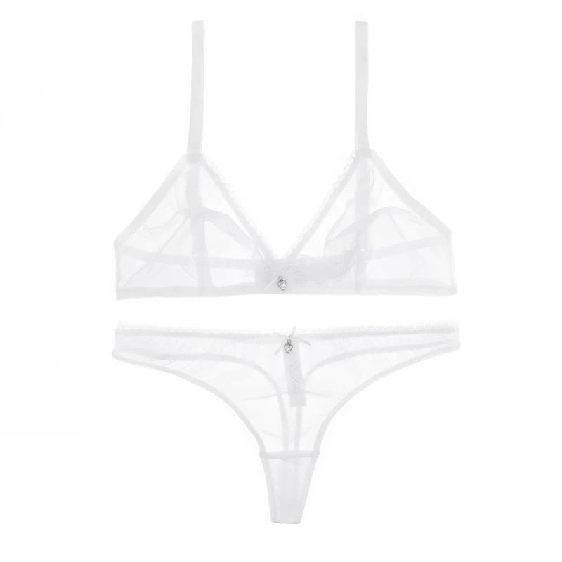 Sexy ladies see through elastic mesh bra set women wire free white underwear bra+thong lingerie set