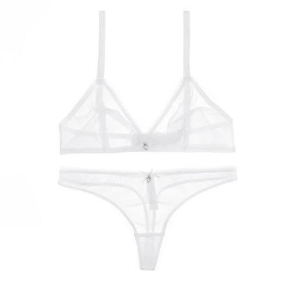 Sexy ladies see through elastic mesh bra set women wire free white underwear bra+thong lingerie set