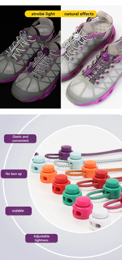 1 Pair Elastic Shoelaces Reflective Push The Spring Lock No Tie Shoe Laces Used For Sneakers Hiking Shoes Lazy Lace Round