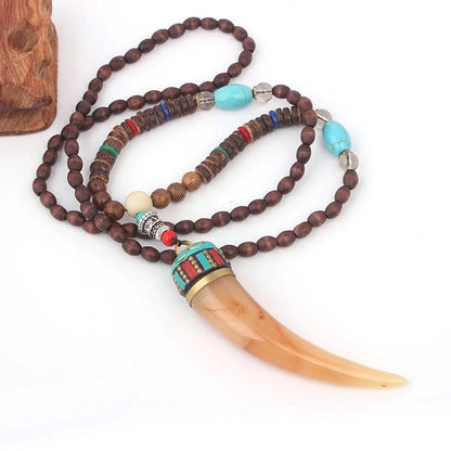 Vintage Handmade Necklace Nepal Buddhist Mala Wood Beads Pendant & Necklace Ethnic Horn Long Statement Men Women's Jewelry