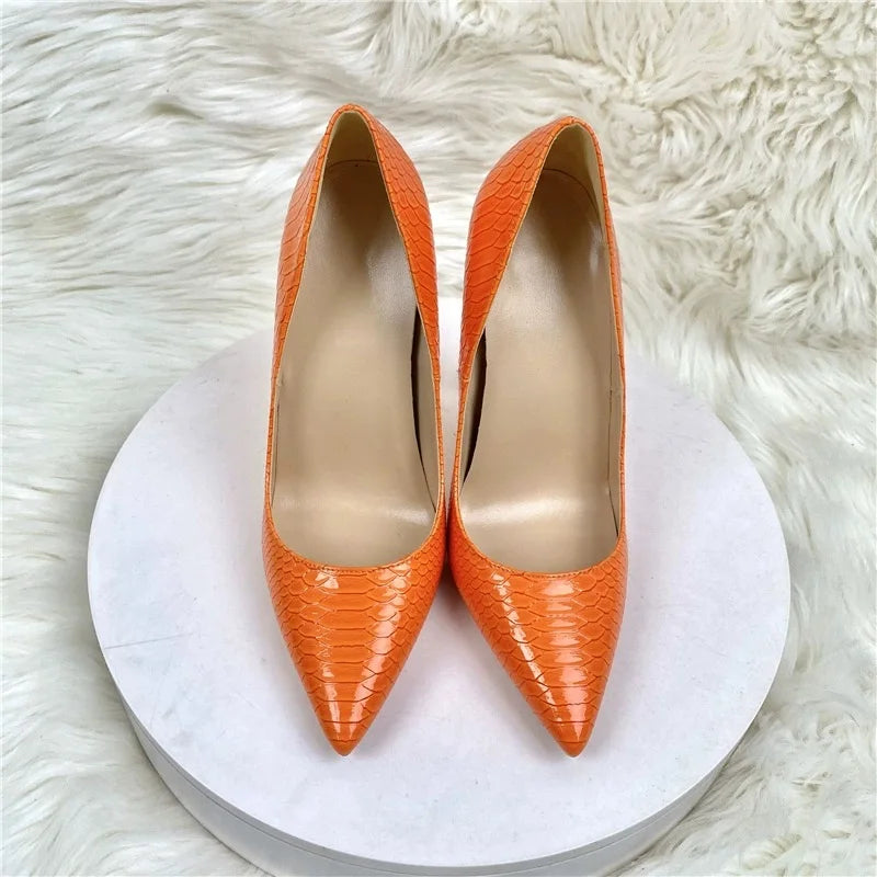 Women Orange Snake Pattern Pointed Toe Sexy 8/10/12Cm Customized Designer Shoes Plus Size 34-45 High Heels