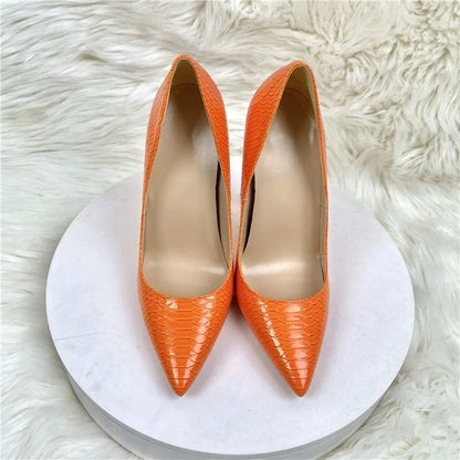 Women Orange Snake Pattern Pointed Toe Sexy 8/10/12Cm Customized Designer Shoes Plus Size 34-45 High Heels