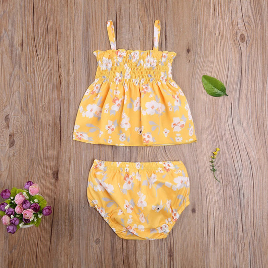 0-24M Newborn Baby Girls Fashion 2-piece Outfit Set Sleeveless Floral Tops+Shorts Set for Kids Girls
