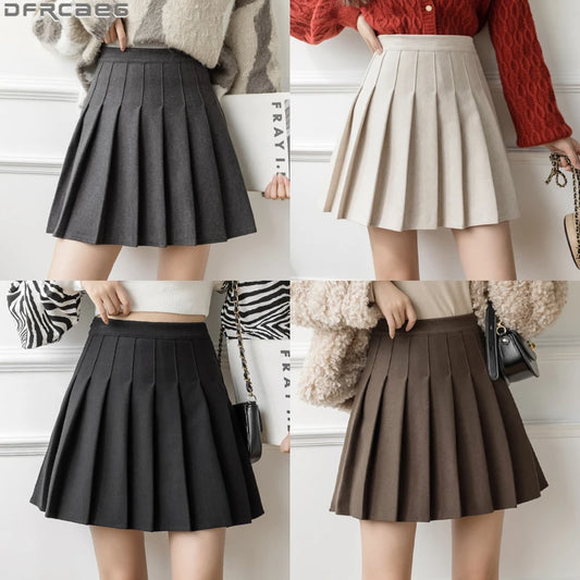 New Winter Woolen Skirt Women Solid High Waist Pleated Mini Skirts Vintage School A Line Falda Plisada Beige Grey Black Brown