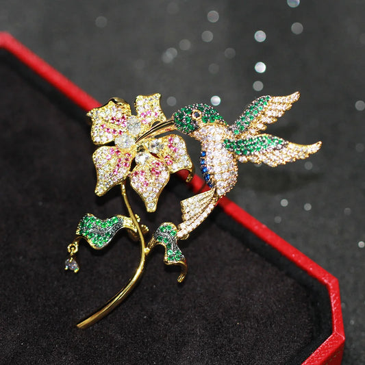 Trendy Floral Blooming Delicate Bird Zircon Exaggerated Brooch Luxury Temperament Flower Gold-plated Brooch Women New Year Gift