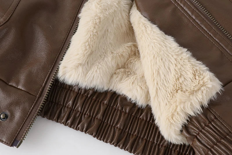 Winter Women's Fur Leather Jacket Long Sleeved Loose Warm Lamb Wool Vintage Thickened Locomotive Lapel Female PU Motorcycle Coat