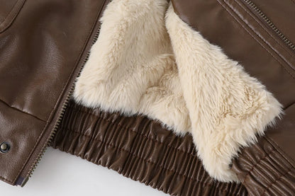 Winter Women's Fur Leather Jacket Long Sleeved Loose Warm Lamb Wool Vintage Thickened Locomotive Lapel Female PU Motorcycle Coat