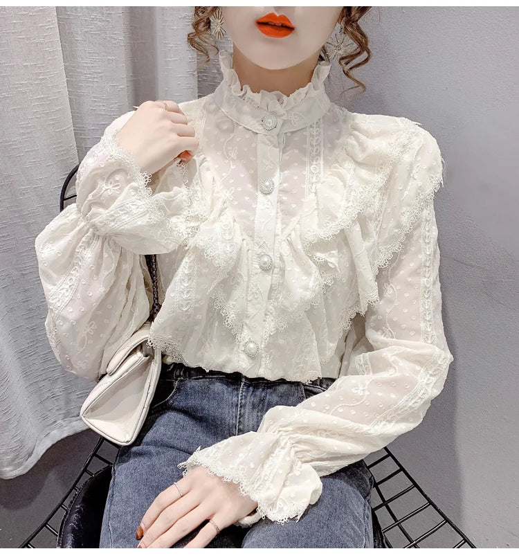 Spring Fashion  Long Sleeve Loose Button Women Shirt Elegant Stand Collar Pleated Tops Casual Ruffle Lace Blouse Blusas 15832