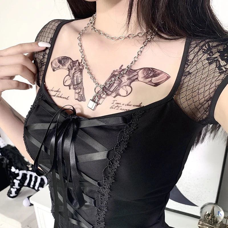 Women's Vintage Gothic T-shirt Bodycon Bandage Lace Black Mesh Top Sexy Casual Gothic Streetwear Female Top