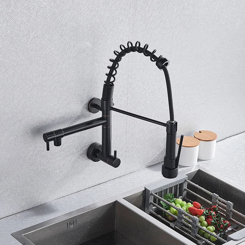 Wall Mounted Spring Kitchen Faucet Chrome Black Pull Down Sink Faucets Single Cold Water Dual Spouts Mixer 360 Rotation Crane