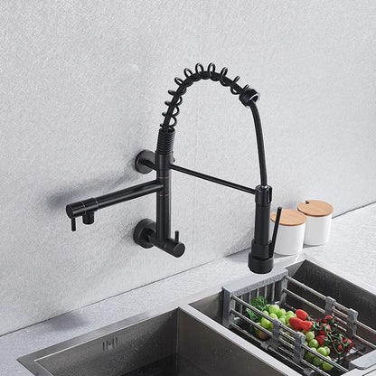 Wall Mounted Spring Kitchen Faucet Chrome Black Pull Down Sink Faucets Single Cold Water Dual Spouts Mixer 360 Rotation Crane