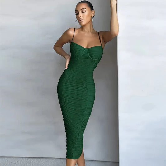 New Mesh Draped Midi Bandage Dress Bodycon Women's Summer  Dress Evening Club Outfits
