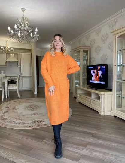 Winter Women Dress Fall Sweater Women Dress Long Sleeve Knitted Dresses Maxi Vintage Oversize Dresses Knitting Thick Warm Purple