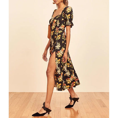 Women Short Sleeve Summer Dress Vintage Floral Print Dress Sweetheart Neck Side Slit Sexy Belted Elegant Midi Dress Sundress