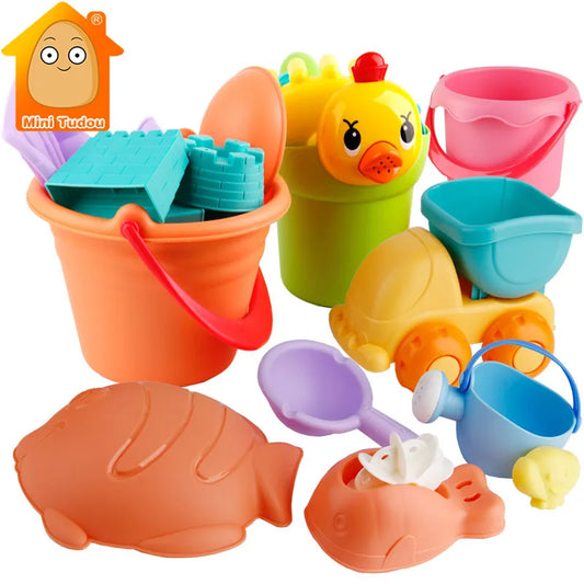 Summer Silicone Soft Baby Beach Toys Kids Play Set Beach Cart Ducks Bucket Sand Molds Tool Water Game