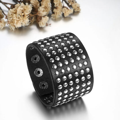 BONISKISS 2020 Fashion Stud Spikes Rivet Adjustable Leather Wristband Bangle Cuff Bracelet Wide Cuff Punk style Cool Men Jewelry