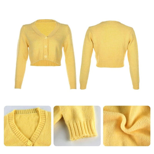 Yellow Sweat Cute Knitted Cropped Cardigan Women Autumn Warm Sweater Ladies Fashion Buttons Long Sleeve Top Knitwear