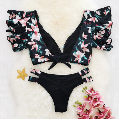 Tropical Style Women Bikini Set Ruffle Floral Printed High Waist Swimwear Summer Flower Swimsuit Biquini Bathing Suit Female
