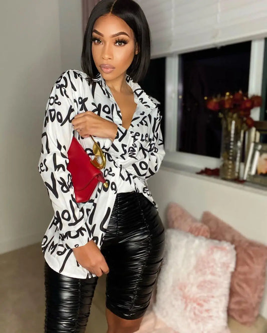 Echoine Letter Print Shirt Blouse Top Women Long Sleeve Button Shirt Blouse Spring Summer Streetwear Ladies OL Shirt Top 2023