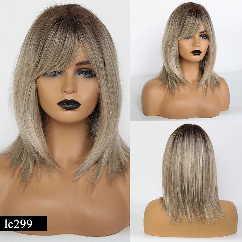 Element Medium Length Synthetic Straight Natural Brown Wigs with Side Bangs Heat Resistant Party Wigs for White/Black Women