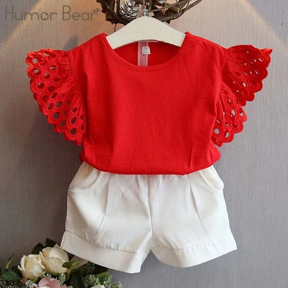 Humor Bear Girls Clothing Set New Summer Flower Hollow sleeve Tops +Shorts Kids Suits