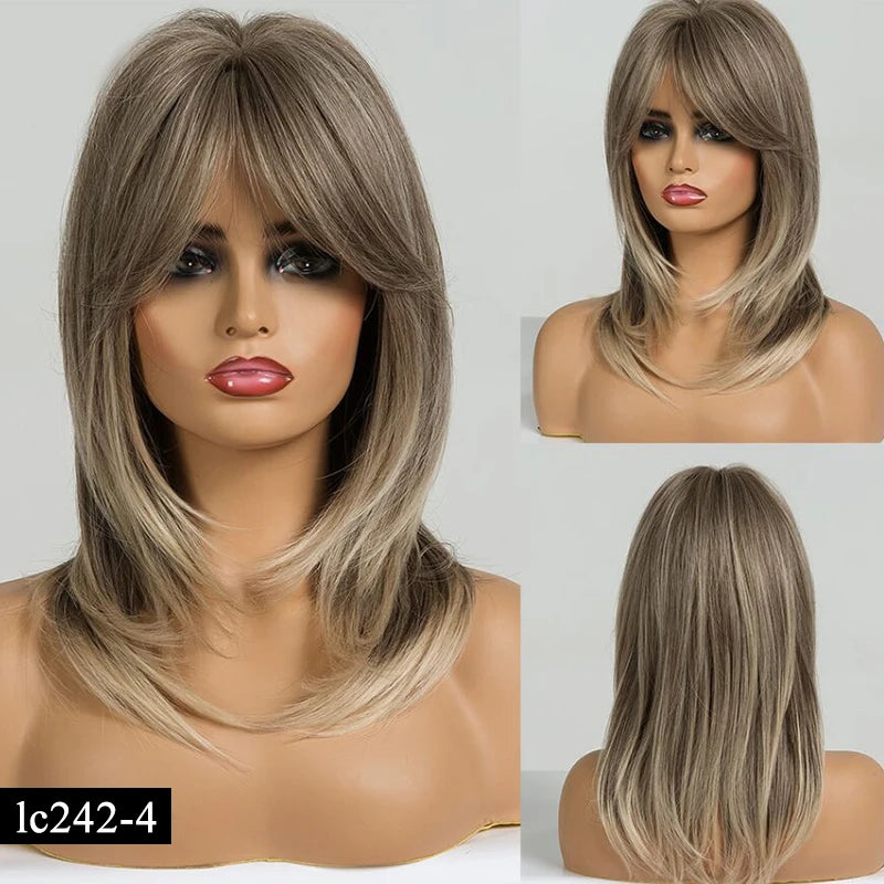Element Medium Length Synthetic Straight Natural Brown Wigs with Side Bangs Heat Resistant Party Wigs for White/Black Women