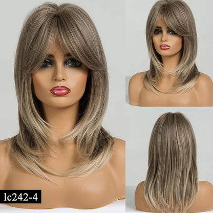Element Medium Length Synthetic Straight Natural Brown Wigs with Side Bangs Heat Resistant Party Wigs for White/Black Women