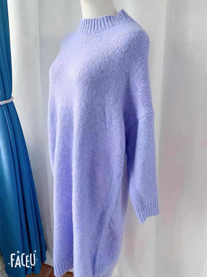 Winter Women Dress Fall Sweater Women Dress Long Sleeve Knitted Dresses Maxi Vintage Oversize Dresses Knitting Thick Warm Purple