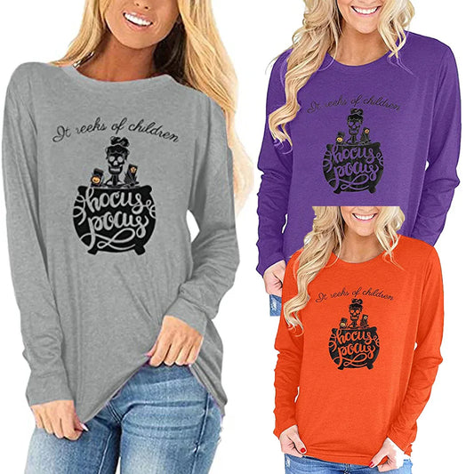 Womens Halloween shirt long sleeve featuring a Hocus Pocus design in gray, purple, and orange colors