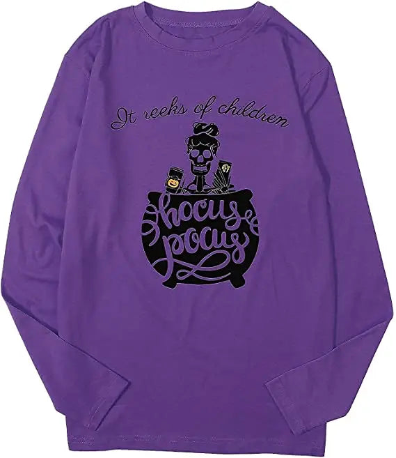 EtherealBe womens Halloween shirt long sleeve in purple with Hocus Pocus graphic design