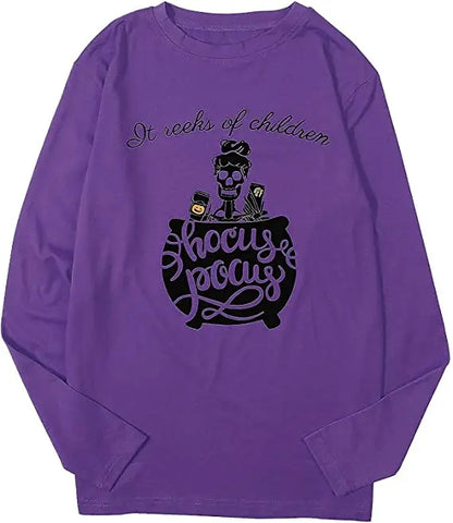 EtherealBe womens Halloween shirt long sleeve in purple with Hocus Pocus graphic design
