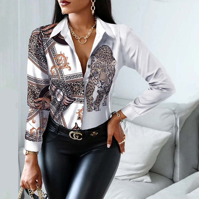 2024 Women Fashion Shirt Lady Long Sleeve Blouse Turn-down CollarButton Design Print  Casual Shirts