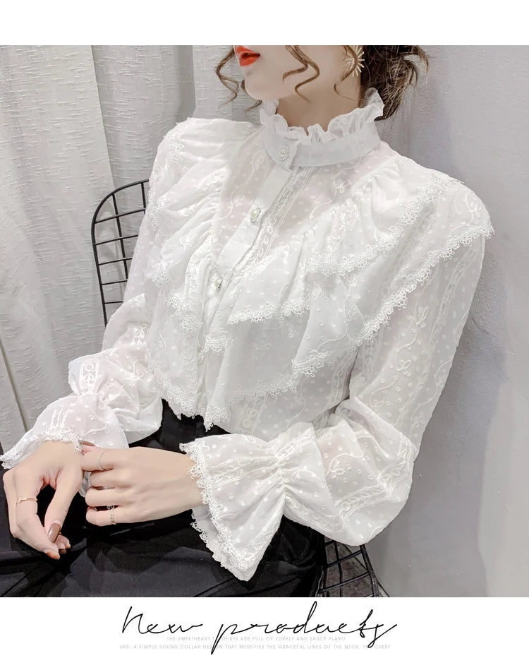 Spring Fashion  Long Sleeve Loose Button Women Shirt Elegant Stand Collar Pleated Tops Casual Ruffle Lace Blouse Blusas 15832