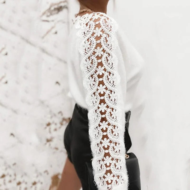 New White Sweater Women V Neck Lace Stitching Hollow Out Long Sleeves Fashion Loose Sweaters Elegant High Quality Tops