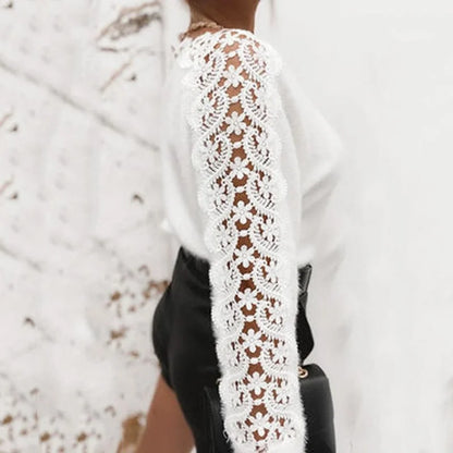 New White Sweater Women V Neck Lace Stitching Hollow Out Long Sleeves Fashion Loose Sweaters Elegant High Quality Tops