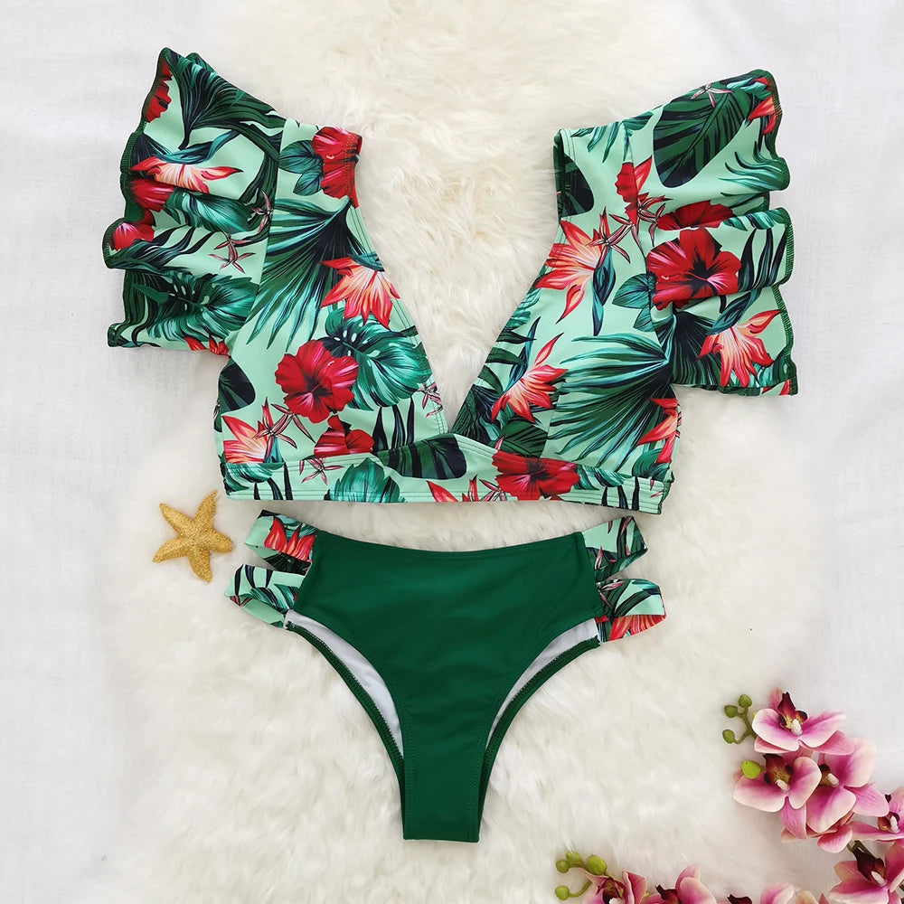 Tropical Style Women Bikini Set Ruffle Floral Printed High Waist Swimwear Summer Flower Swimsuit Biquini Bathing Suit Female