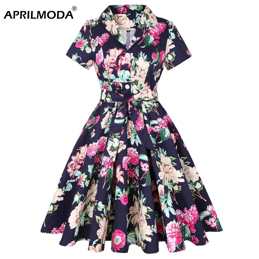 Autumn Cotton Vintage Tunic Midi Dress 50S Short Sleeve 4XL 70s Robe Swing Retro Floral Print White Rockabilly Office Vestidos
