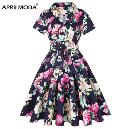 Autumn Cotton Vintage Tunic Midi Dress 50S Short Sleeve 4XL 70s Robe Swing Retro Floral Print White Rockabilly Office Vestidos