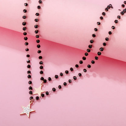 Fashion Double Layer Black Crystal Beads Necklace For Women Stainless Steel Star Choker Necklace Women's Jewelry femme Bijoux