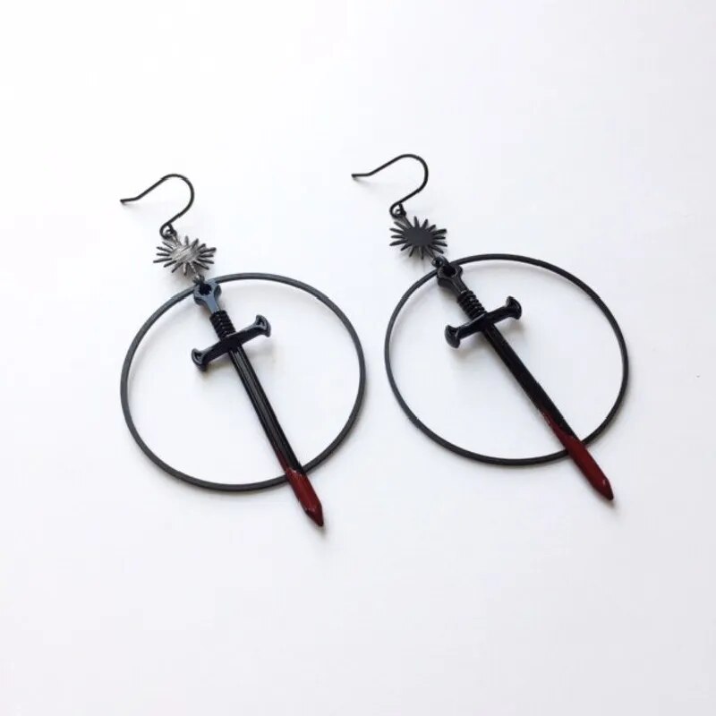 Gothic Black Night Warrior Earrings Sun Ring Sword Earrings Classic Eardrop Big Sword Statement Mystical Jewellery Women Gift