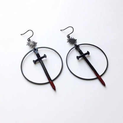 Gothic Black Night Warrior Earrings Sun Ring Sword Earrings Classic Eardrop Big Sword Statement Mystical Jewellery Women Gift