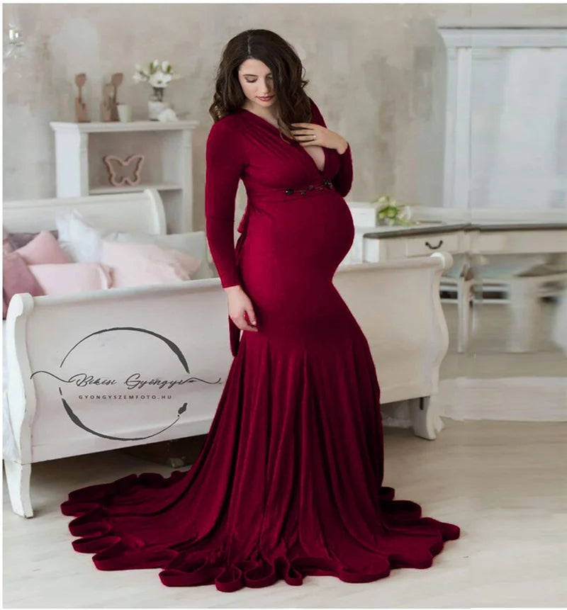 Spring Elegant Maternity Dresses For Photo Shoot Pregnant Women Dress Long Sleeve V-Neck Pregnancy Photography Shower Dress